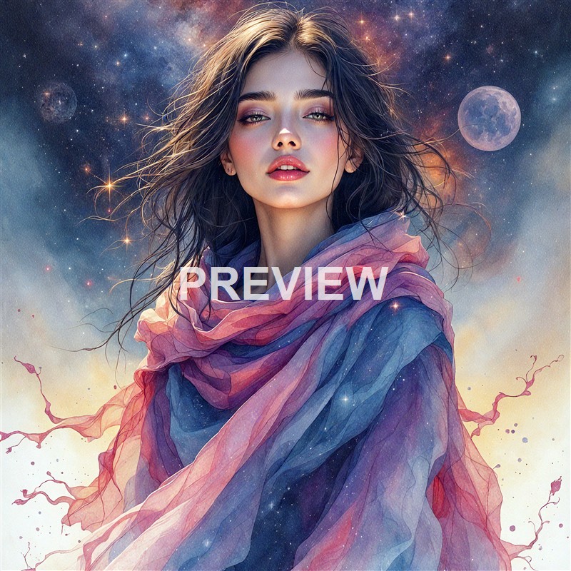 A digitally created portrait of a young woman with flowing dark hair, set against a cosmic background featuring planets, stars, and nebulae, with her wrapped in a multicolored, sheer fabric.